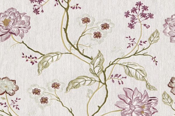 کاغذ دیواری طرح شاخه و گل و برگ های رنگی در زمینه بافت طوسی کرم