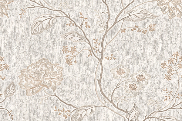 کاغذ دیواری طرح شاخه و گل و برگ های کرم و طوسی در زمینه بافت طوسی کرم